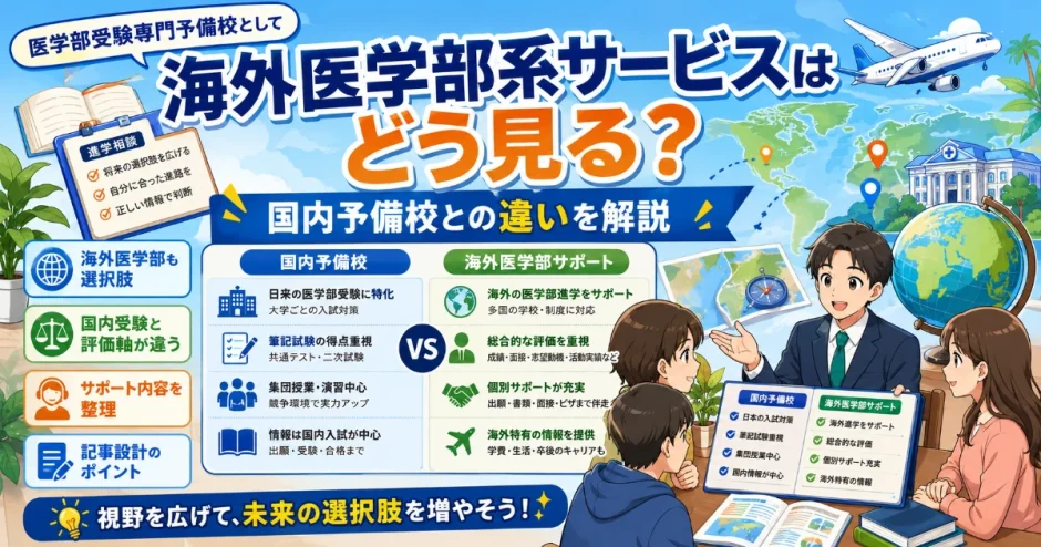 医学部受験専門予備校として海外医学部系サービスを書くなら？国内予備校と違う見方を解説