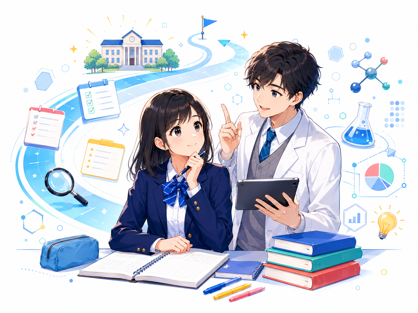 机で勉強する医学部受験生のイラスト